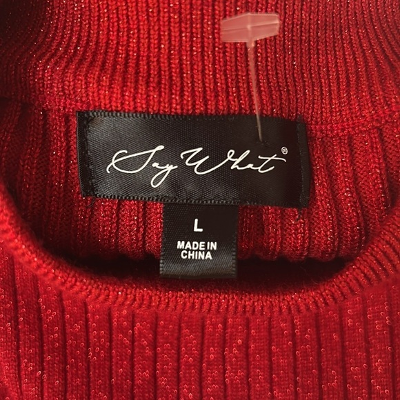 Say What Ribbed Cutout Long Sleeve Sweater Dress Midi - Red Metallic size L - Picture 8 of 8